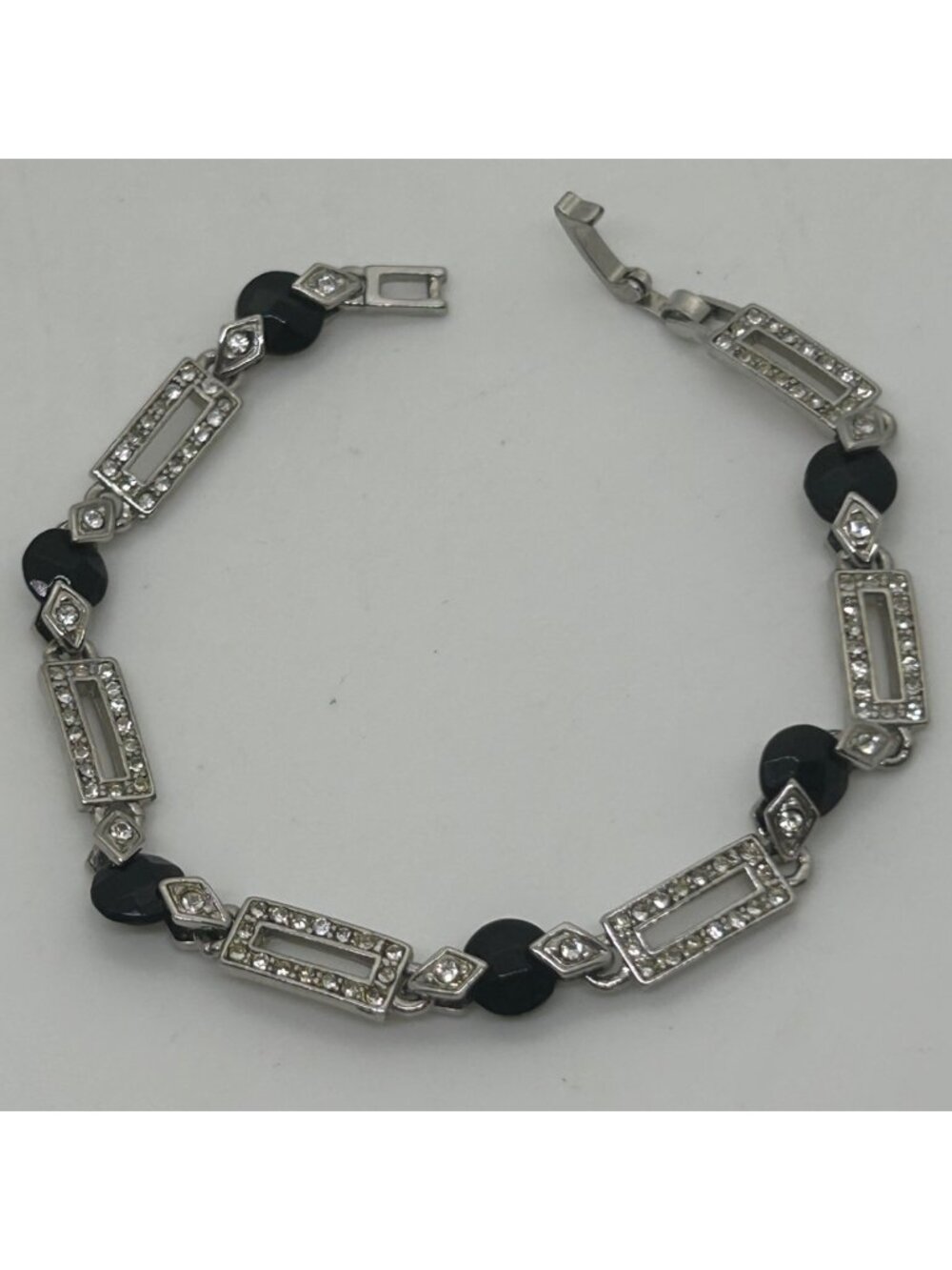 Monet Art Deco Style Bracelet Silver Tone Rhinestone Black Bead Panel Vintage